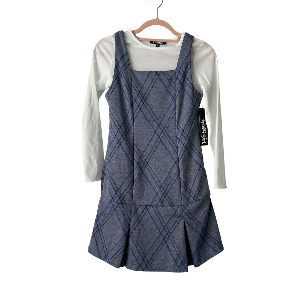 NWT Trixxi Girl 2pc Blue Plaid Pleated Skirt Jumper Rib White Shirt-Girls Large